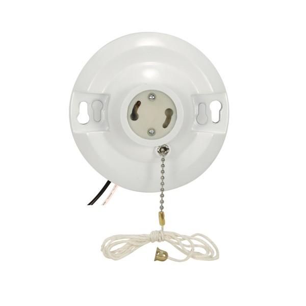 White Phenolic GU24 On-Off Pull Chain Ceiling Receptacle; 6" AWM B/W Leads 105C; 4-1/2"